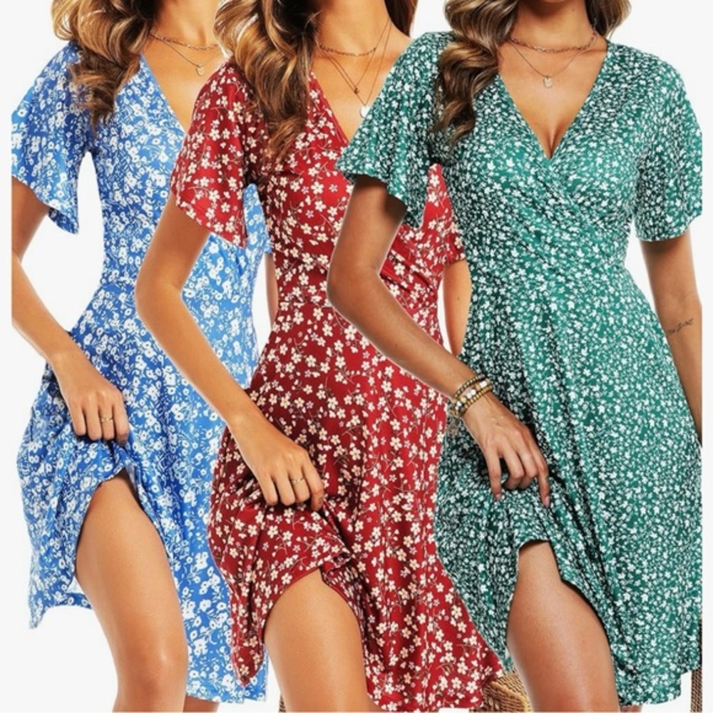Floral V-Neck Faux Wrap Dresses!